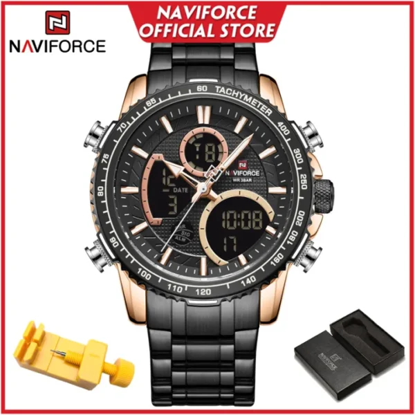 NAVIFORCE Genuine Quartz Watch for Men Waterproof LCD Dual Display Silver Stainless Steel NF9182 - Image 4