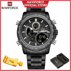 NAVIFORCE Genuine Quartz Watch for Men Waterproof LCD Dual Display Silver Stainless Steel NF9182