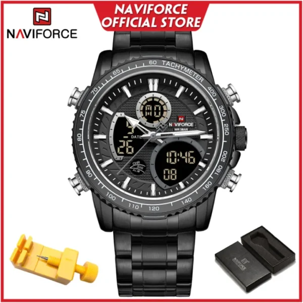 NAVIFORCE Genuine Quartz Watch for Men Waterproof LCD Dual Display Silver Stainless Steel NF9182