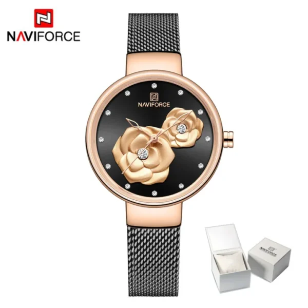 NAVIFORCE Women's Quartz Watch Elegant Rose Pattern Fashion Casual Luxury Waterproof 30m Stainless Steel Mesh Strap NF5013 - Image 2