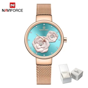 NAVIFORCE Women's Quartz Watch Elegant Rose Pattern Fashion Casual Luxury Waterproof 30m Stainless Steel Mesh Strap NF5013