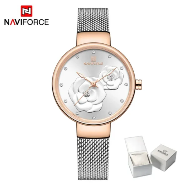 NAVIFORCE Women's Quartz Watch Elegant Rose Pattern Fashion Casual Luxury Waterproof 30m Stainless Steel Mesh Strap NF5013 - Image 3