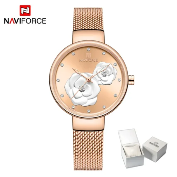 NAVIFORCE Women's Quartz Watch Elegant Rose Pattern Fashion Casual Luxury Waterproof 30m Stainless Steel Mesh Strap NF5013 - Image 5