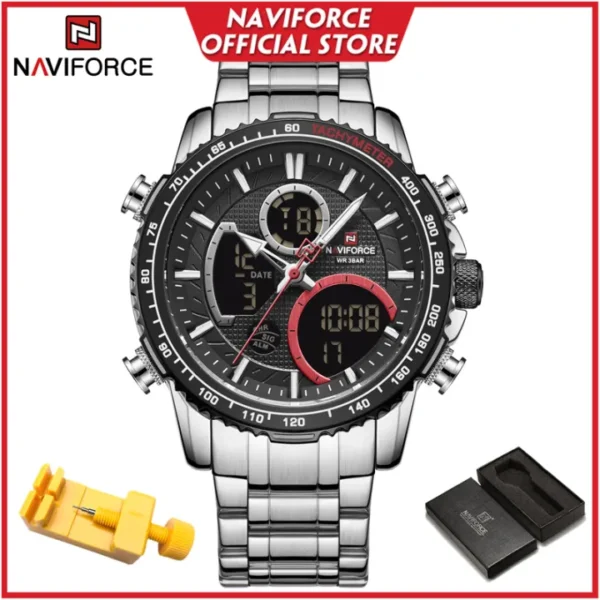 NAVIFORCE Genuine Quartz Watch for Men Waterproof LCD Dual Display Silver Stainless Steel NF9182 - Image 7