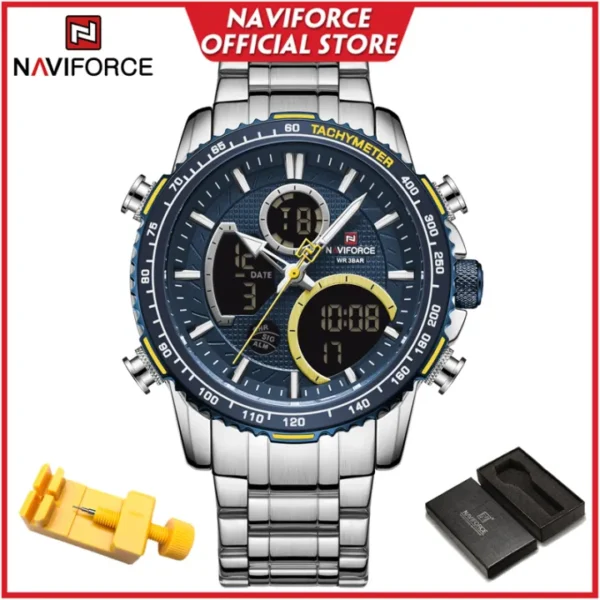 NAVIFORCE Genuine Quartz Watch for Men Waterproof LCD Dual Display Silver Stainless Steel NF9182 - Image 5